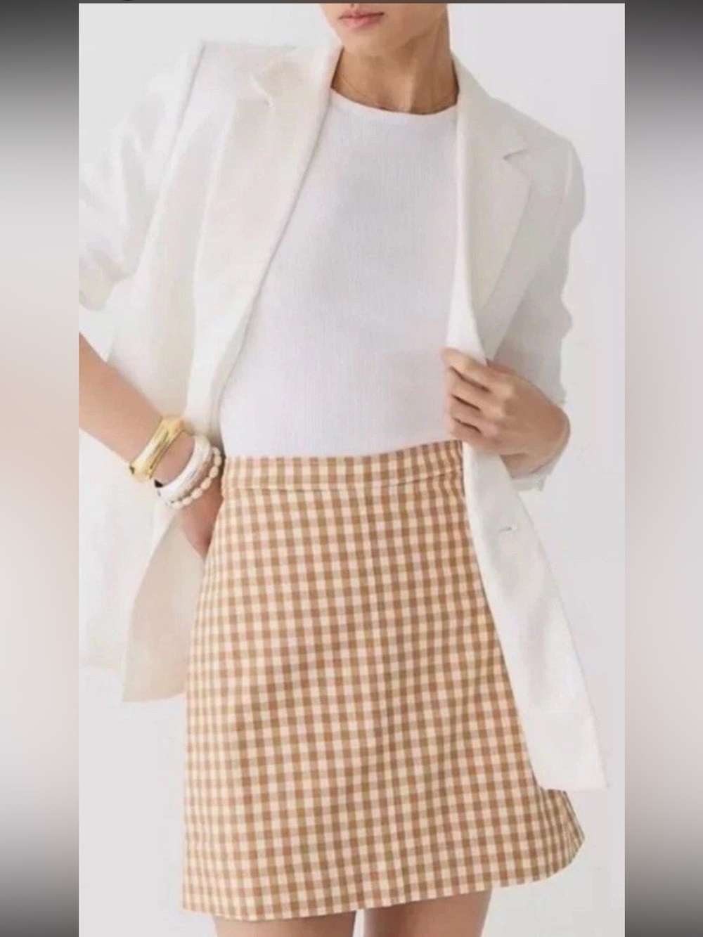 J CREW Natasha Mini Stretch Twill Skirt in Gingham Tan & White - Sz 12